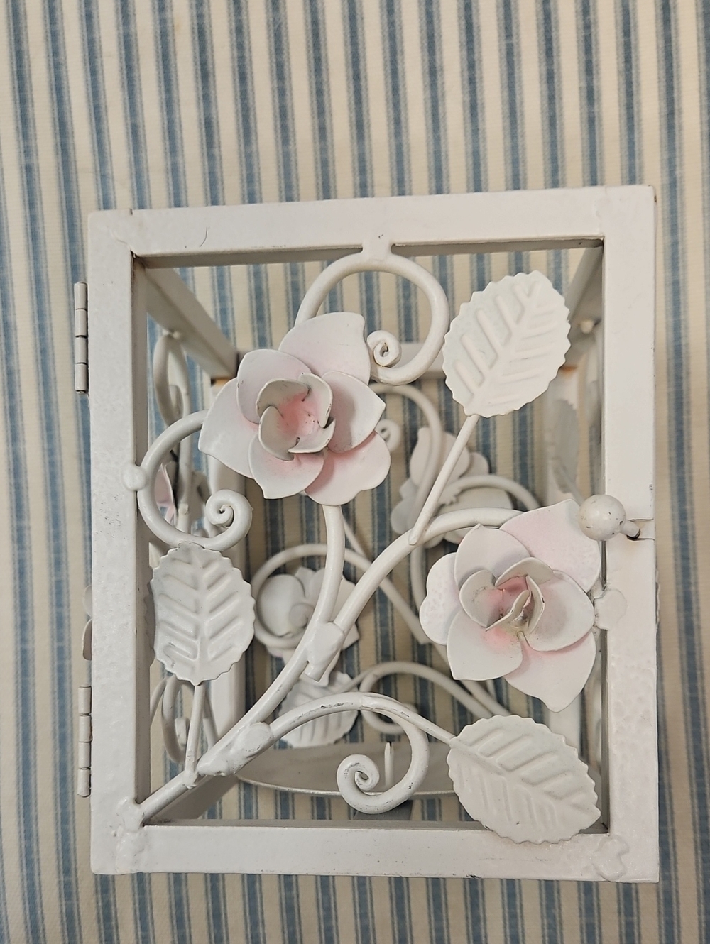 Vintage Decorative White Floral Metal Rose Candle Holder with pink accents.